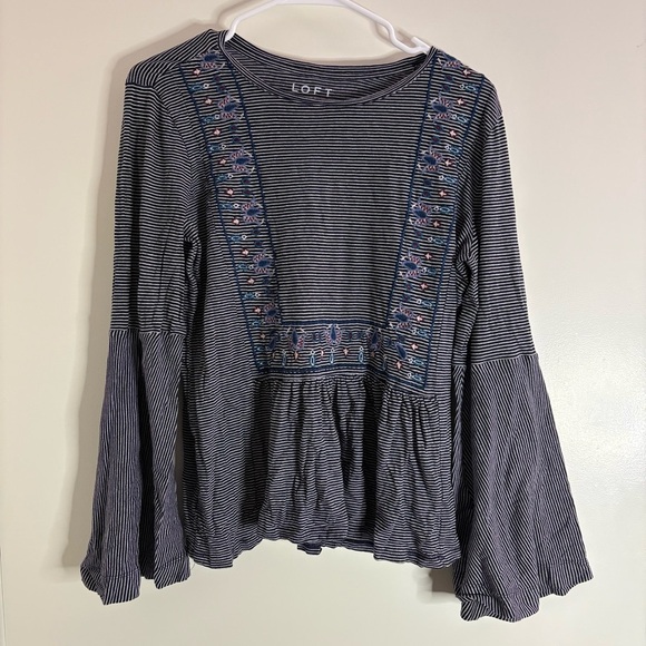 LOFT Tops - LOFT Women’s Size Medium Navy and White Striped Embroidered Blouse Long Sleeve